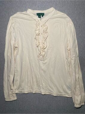 Lauren Jeans Co Ralph Lauren Women's Cream Top With Ruffled Front Size Large